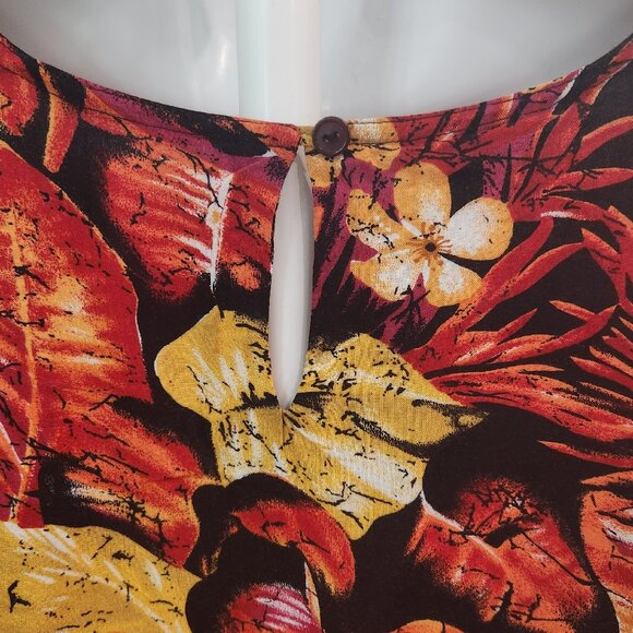 80s Tess Tropical Floral Rayon Blouse Black Orange Yellow Women's Size Large - Picture 5 of 13